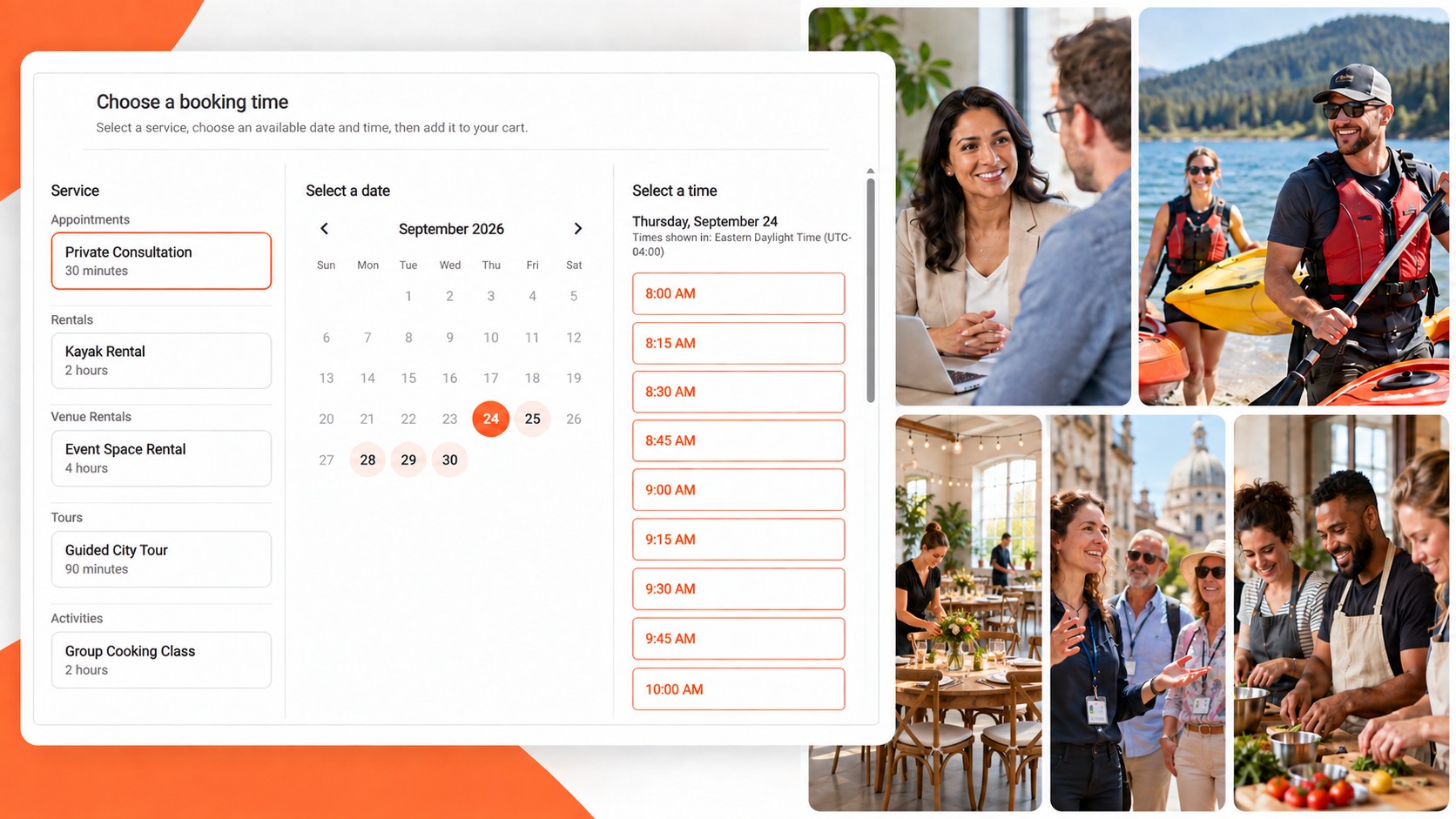 Ticketor online booking calendar with examples for appointments, equipment and venue rentals, guided tours, and group activities
